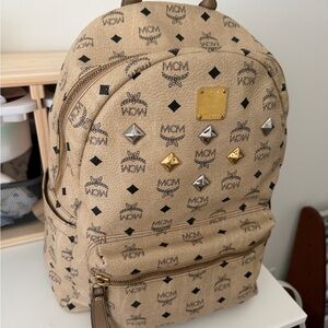 MCM Beige Logo Studded Backpack with Mixed Metal Accents